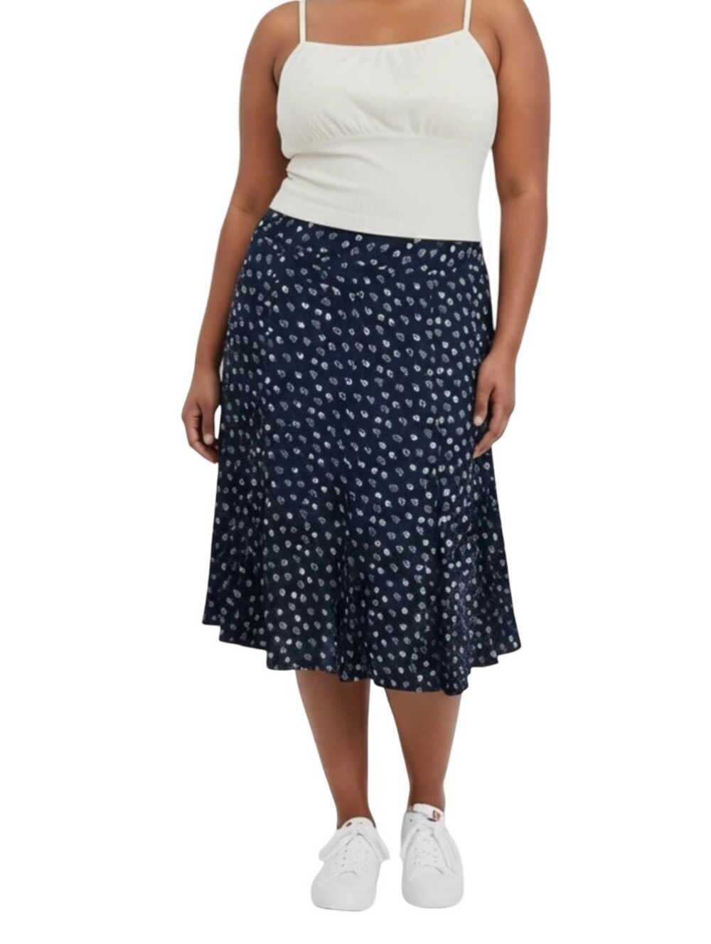 Talbots Navy Midi Ruffle Skirt White Dot Floral Print Size 2 New